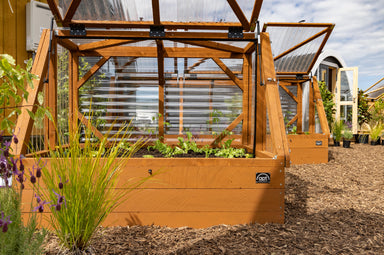 Wooden Raised Garden Bed wth Canopy - doors open on bark base