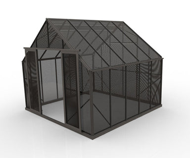 3.2m x 3.2m shade house with black framing and black aluminium mesh covering all panels, open double doors. In front of a white background.