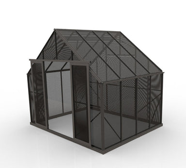 3.2m x 2.8m black shade house with black mesh panels and two open doors at the front. Set on a white background.