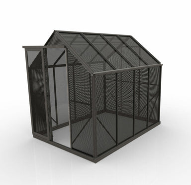 2m x 2.6m shade house with black aluminium mesh panels and single open door on a white background.