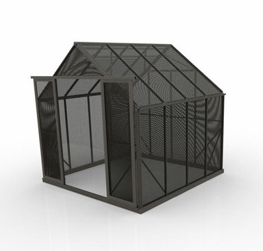 2.6m x 2.6m shade house with black aluminium mesh panels and double doors open at the front, set on a white background.