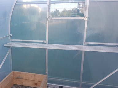 Rear Wall Shelf fixed to the Tunnel House with wooden planted box underneath and glass Louvre above.