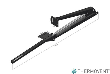 Black automatic vent opener in open position showing base measurements on a white background.