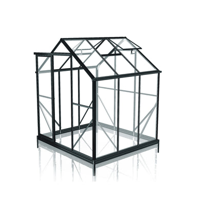 2m x 2m Black framed single door Glasshouse, 3 side panels and 3 back panels with 2 single roof vents on white background.