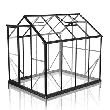2m x 2.6m Black framed single door Glasshouse, 4 side panels and 3 back panels with 2 single roof vents on white background.