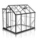 2m x 2.6m Black framed single door Glasshouse, 4 side panels and 3 back panels with 2 single roof vents on white background.