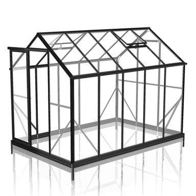 2m x 3.2m Black framed glasshouse with 4mm toughened glass on white background.