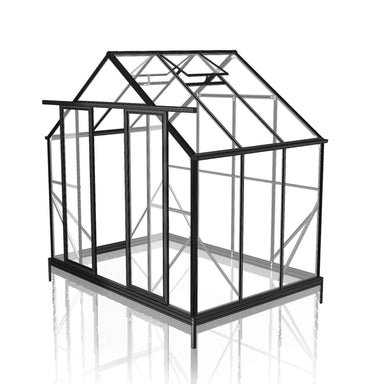 2.6m x 2m Black framed double door Glasshouse, 3 side panels and 4 back panels with 2 single roof vents on white background.