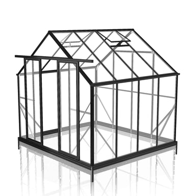 2.6m x 2.6m Black framed double door Glasshouse, 4 side panels and 4 back panels with 2 single roof vents on white background.