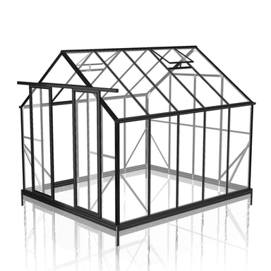 2.6m x 3.2m Black framed double door Glasshouse, 5 side panels and 4 back panels with 2 single roof vents on white background.