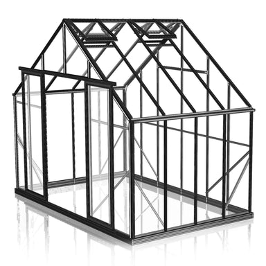 3.2m x 2.6m Black framed double door Glasshouse, 4 side panels and 6 back panels with double roof vents on white background.