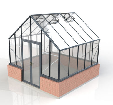 3.2m x 3.2m Elite stonewall black framed double door Glasshouse with 5 side panels & 6 back panels with double roof vents set on top of brick with a white background.