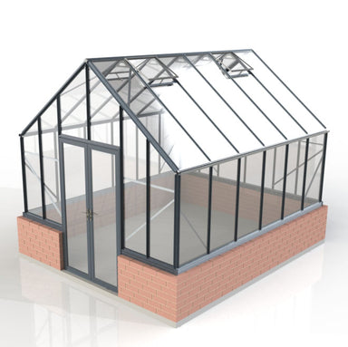 3.2m x 3.8m Elite Stonewall black framed double door Glasshouse with 6 side panels & 6 back panels and double roof vents set on top of brick with a white background.
