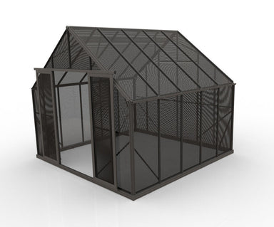 3.2m x 3.2m shade house with black framing and black aluminium mesh covering all panels, open double doors. In front of a white background. 