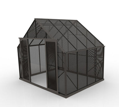 3.2m x 2.8m black shade house with black mesh panels and two open doors at the front. Set on a white background. 