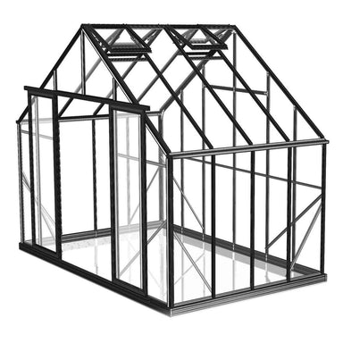 3.2m x 2.6m polycarbonate black frame greenhouse with white background 