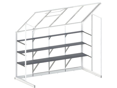 3 Tier glasshouse shelving unit installed in open sided glasshouse with white background.