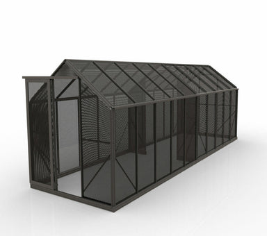 2m x 3.2m long shade house with black aluminium mesh panels and mesh partitions in the middle, with double doors open. All set on a white background.