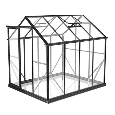 2m x 2.6m polycarbonate greenhouse with black frame shown in front of a white background 