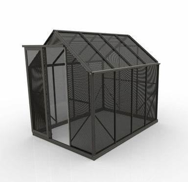 2m x 2.6m shade house with black aluminium mesh panels and single open door on a white background.  