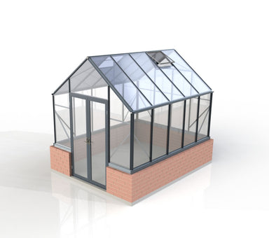 2.6m x 3.2m Elite black framed double door glasshouse set on top of brick, with 5 side panels & 4 back panels, 2 single vents on a white background.