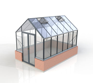 2.6m x 3.8m Elite Stonewall black framed double door glasshouse, with 6 side panels & 4 back panels, double roof vents set on top of a brick wall with white a background.