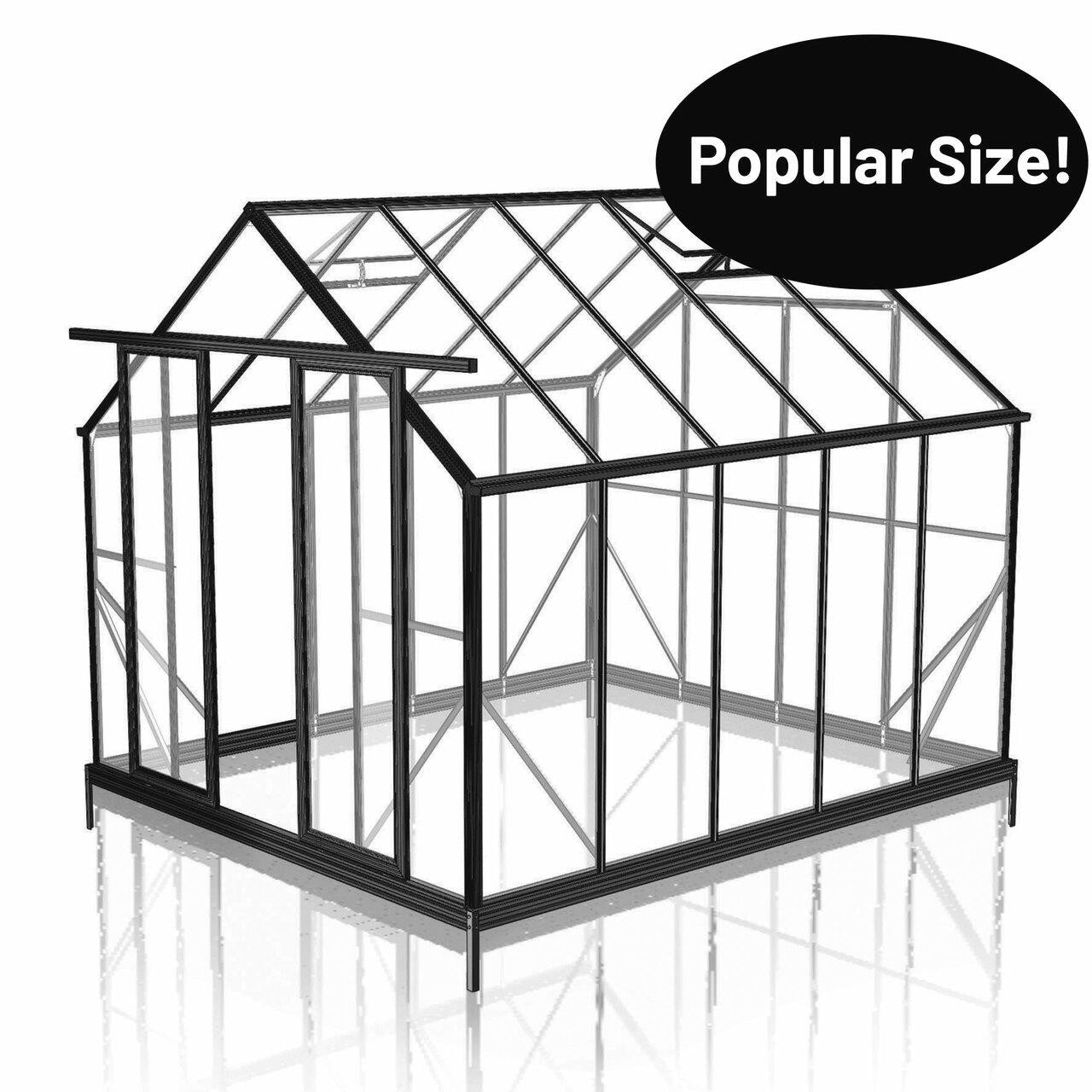 2.6m x 3.2m Polycarbonate greenhouse with black frame in front of white background