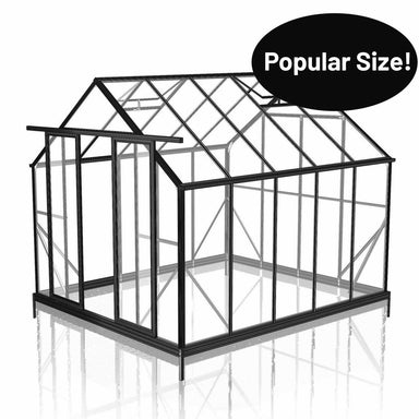 2.6m x 3.2m Polycarbonate greenhouse with black frame in front of white background