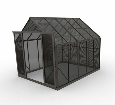 2.6m x 3.2m shade house with black aluminium mesh panels and double doors open set on a white background. 