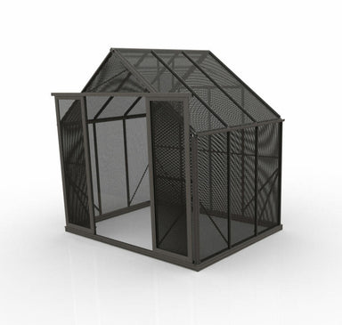 2.6m x 2m shade house with black aluminium mesh panels and double doors open at the front all set on a white background. 