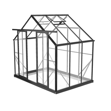 2.6m x 2m black framed polycarbonate greenhouse in front of a white background 