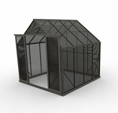 2.6m x 2.6m shade house with black aluminium mesh panels and double doors open at the front, set on a white background. 