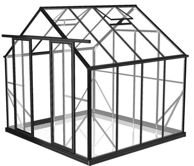 2.6m x 2.6m black framed polycarbonate greenhouse with white background