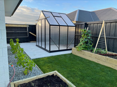 2m x 2m polycarbonate greenhouse shown in a backyard with concrete base surrounded by vegetable gardens and grass.