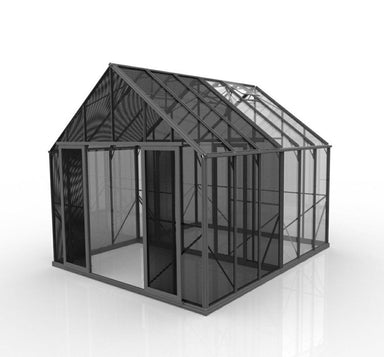 3.2m x 5.1m multilane grow house with black mesh screening panels at the front & polycarbonate panels at the back on white background. 